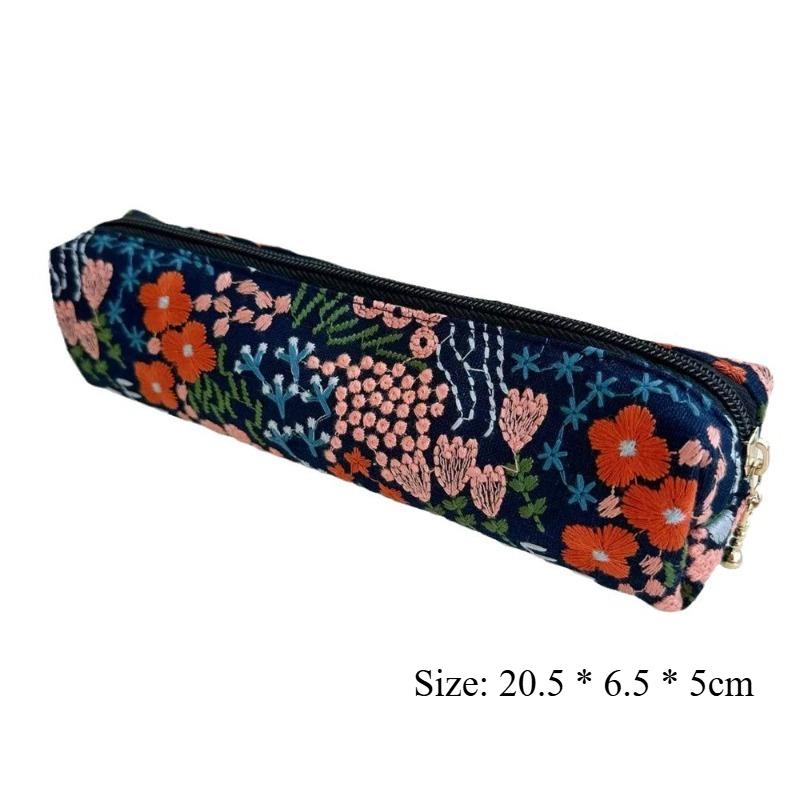 1Pcs Embroidered Exquisite Pencil Box with Retro Multi Color Pattern Details Stationery Storage Student Supplies