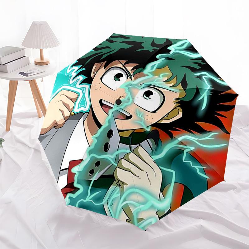 1pc My Hero Academia Anime Theme Automatic Opening Folding Umbrella with Lightning Print - Portable 3-Fold Design, 8-Bone Iron Frame Outdoor Umbrella