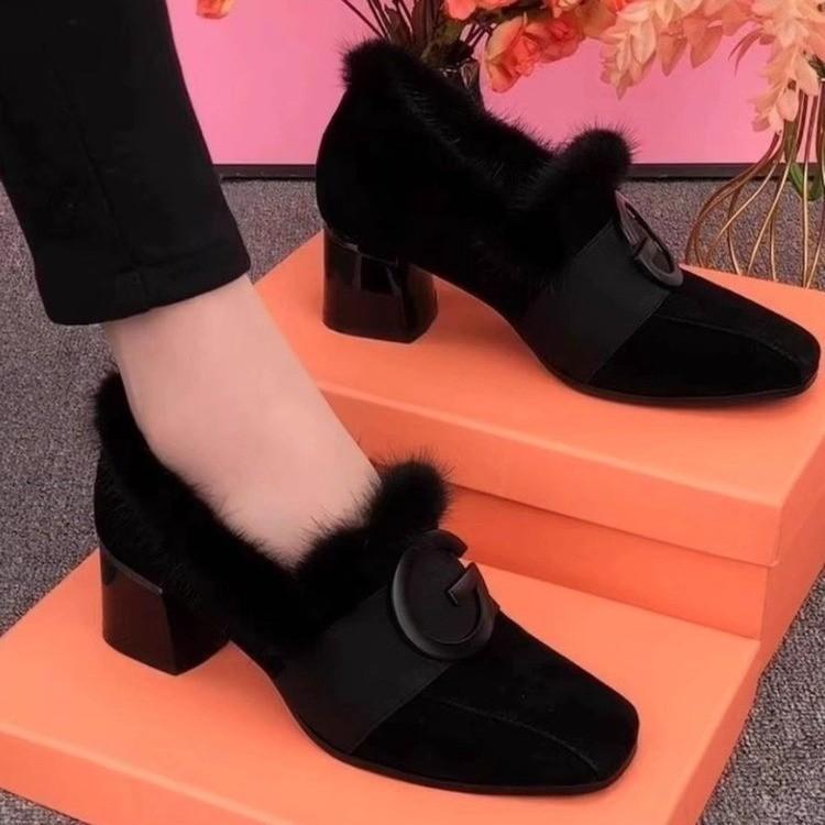 Woman Square Toe High Heels Shoes Woman Winter New Fashion Thick Heel Ankle Boots Suede Metal Buckle Cotton Shoes Dress Pumps