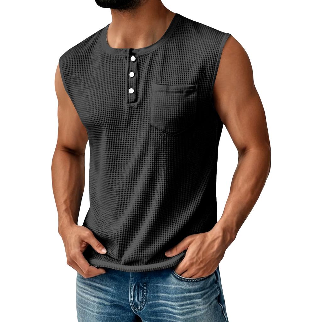 Canotta Henley da uomo in maglia senza maniche con taschino sul petto e chiusura a bottoni, vestibilità casual atletica per l'uso quotidiano