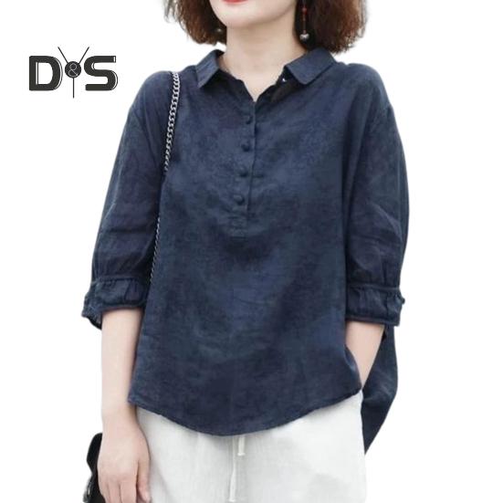 Maglietta da donna con risvolto, bottoni, scollo a mezza manica, pullover, top con stampa jacquard, tinta unita, vestibilità ampia, sottile