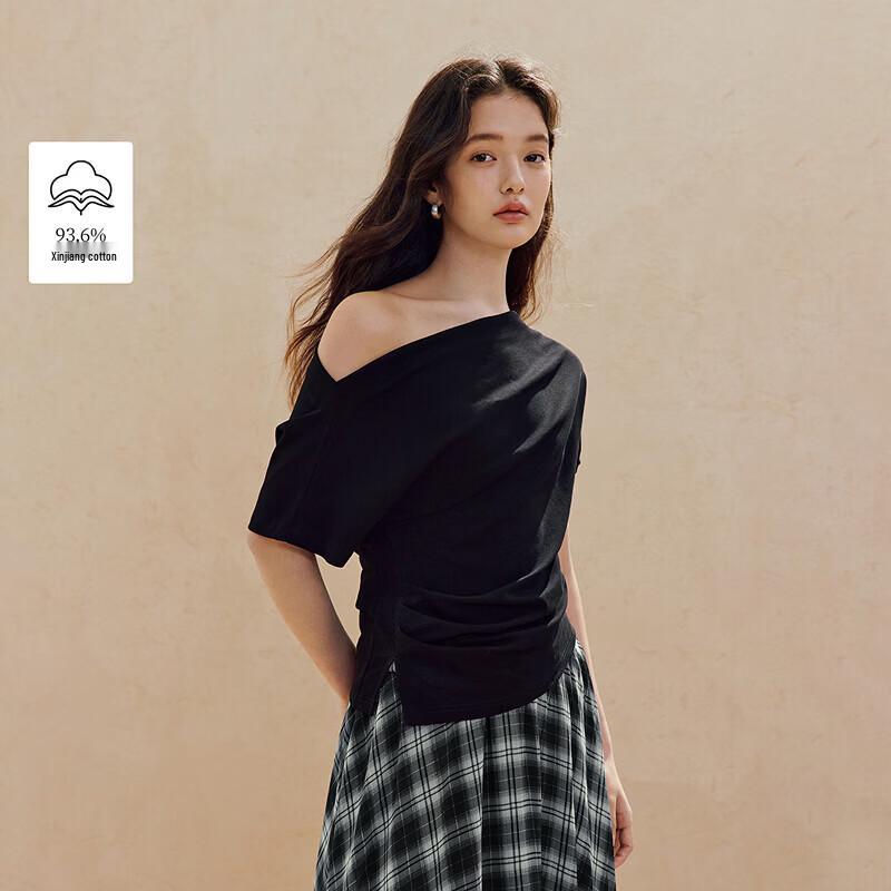 INMAN Women s French Style Off-Shoulder Pleated T-Shirt L