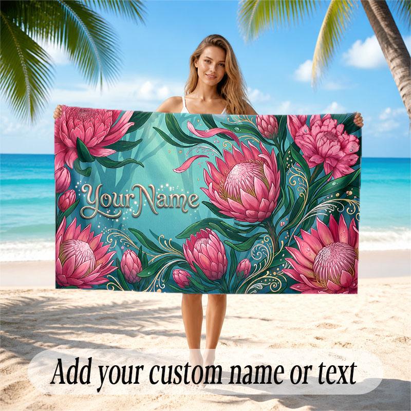 Floral Garden Theme Soft Beach Towel Personalized Custom Name Text Towel Portable for Beach Pool Travel