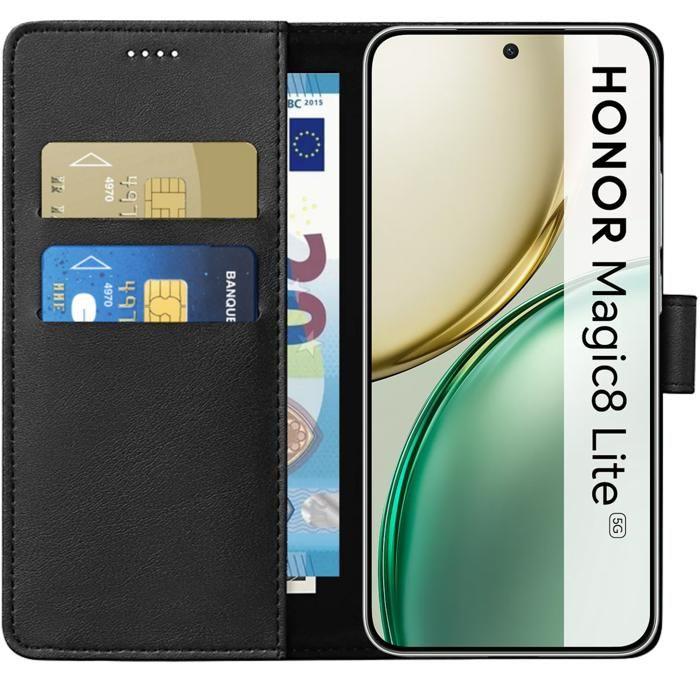 Coque pour Honor Magic 8 Lite 5G - Portefeuille Noir Rabat Clapet Aimanté Rangement Cartes Phonillico®