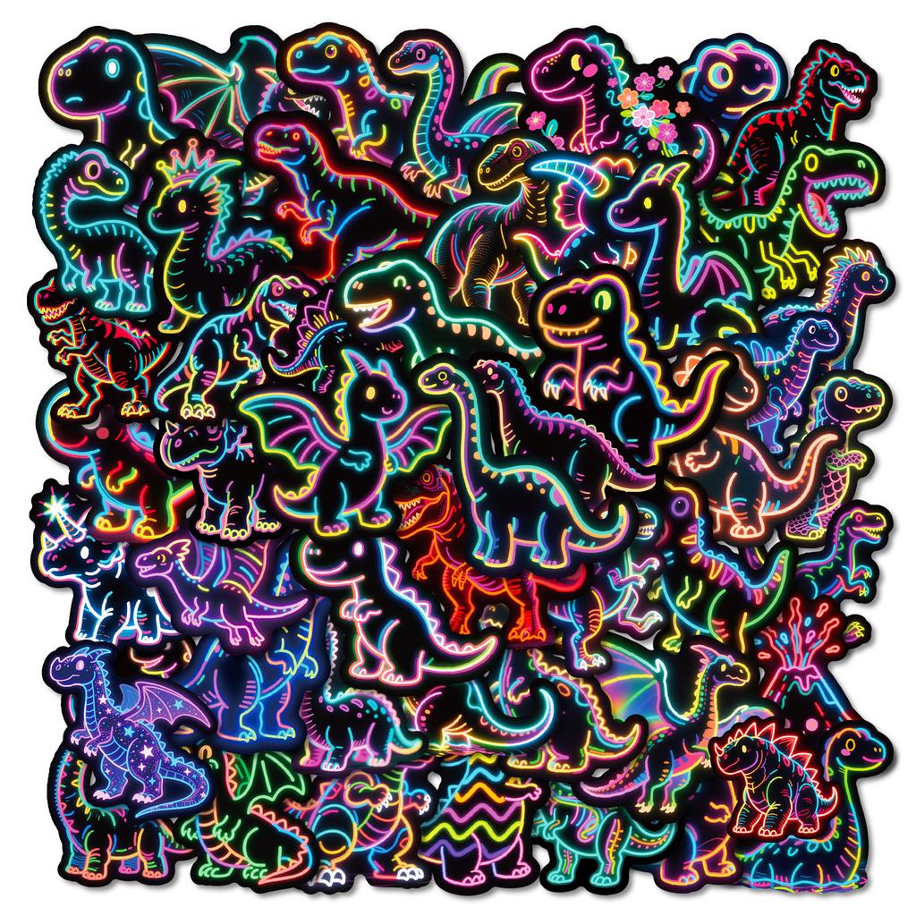 56 Pcs Neon Dinosaur Stickers Waterproof Vinyl Glow in Dark Black Border for Kids Laptop Luggage Water Bottle Skateboard Decor