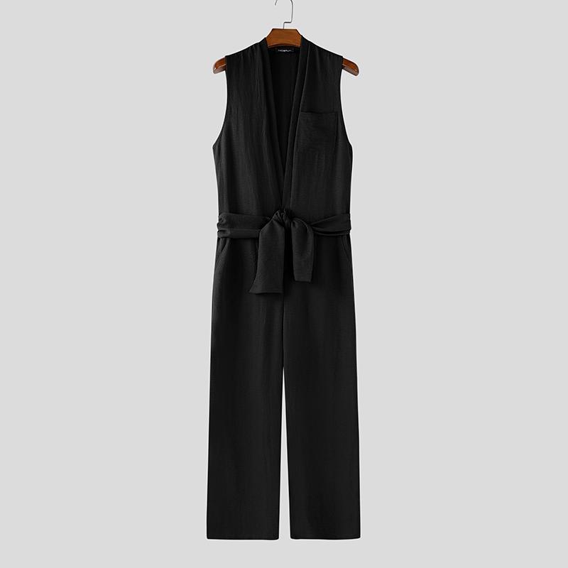 

INCERUN Men s Sleeveless Deep V Neck Long Dungarees Straight Jumpsuits Overalls S чорний