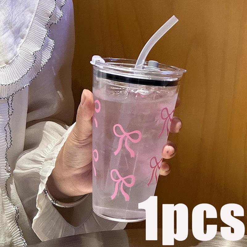 

1/2/3 шт. 450 мл Розовый пластиковый стакан с бантом, с соломинкой и крышкой, прозрачная кружка для молока, кофе, напитков, для дома, путешествий, для питья воды