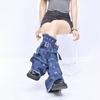 Women Distressed Jeans Leg Warmer with Buckled Strap Punk Flared Long Socks Denims Leg Cover with Pocket Streetwear