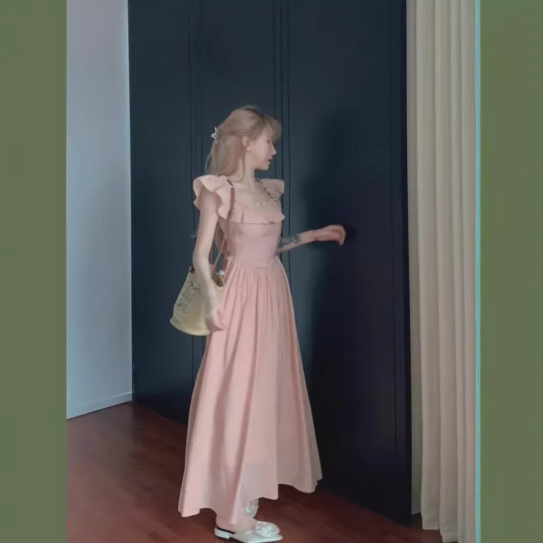 

Pink Ruffle Sleeveless Flutter Sleeve Square Neck Long Dress - Summer 2024 XL