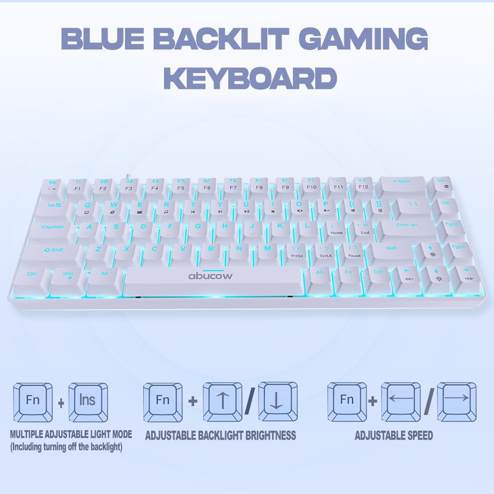 Abucow Mechanical Gaming Black Wired Compact Keyboard with Blue LED Replaceable White Compatible with 60% Keyboard, Switches, Backlight, Keycaps,
