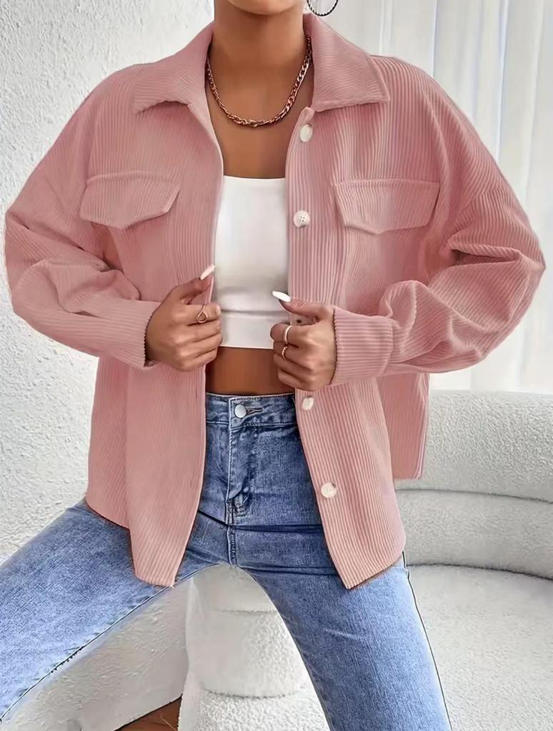 European-American Women's Corduroy Long Sleeve Solid Color Shirt Jacket 2025