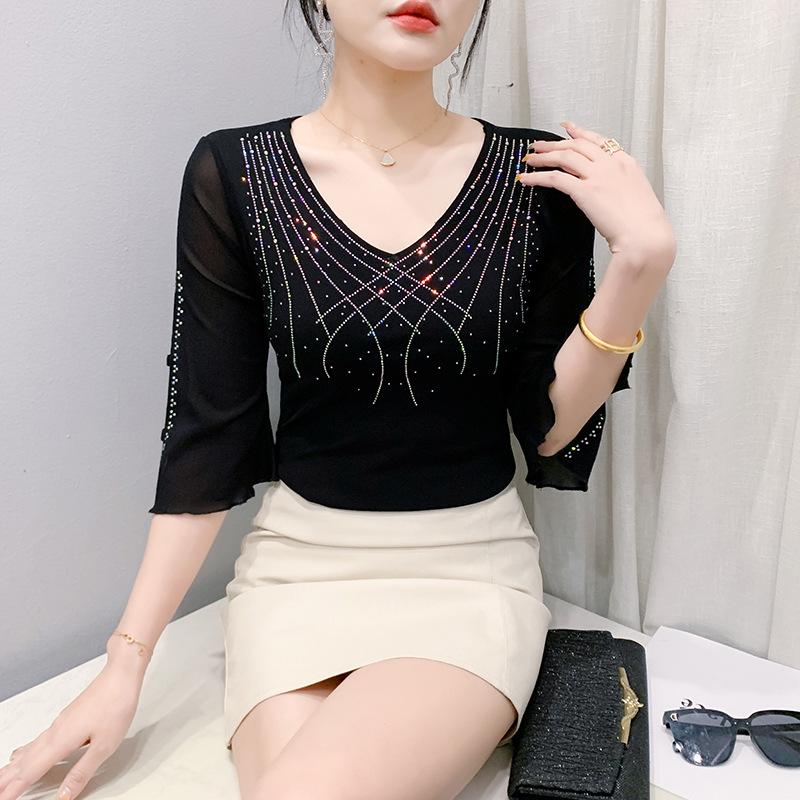 2025 Summer Mesh Diamond Slim Three-Quarter Sleeve Women's Fashion T-Shirt