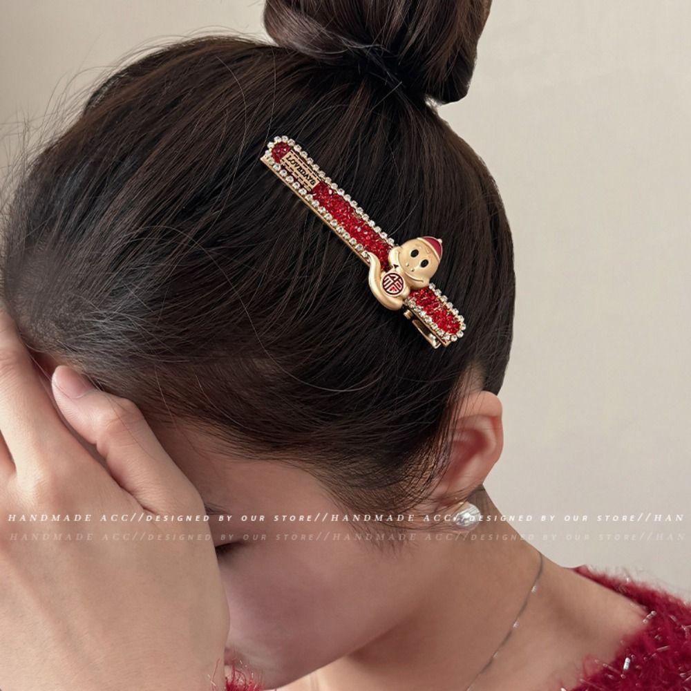 New Year Headwear Red Rhinestone Hairpin Animal Zodiac Dragon Hair Clip Creative   Daily