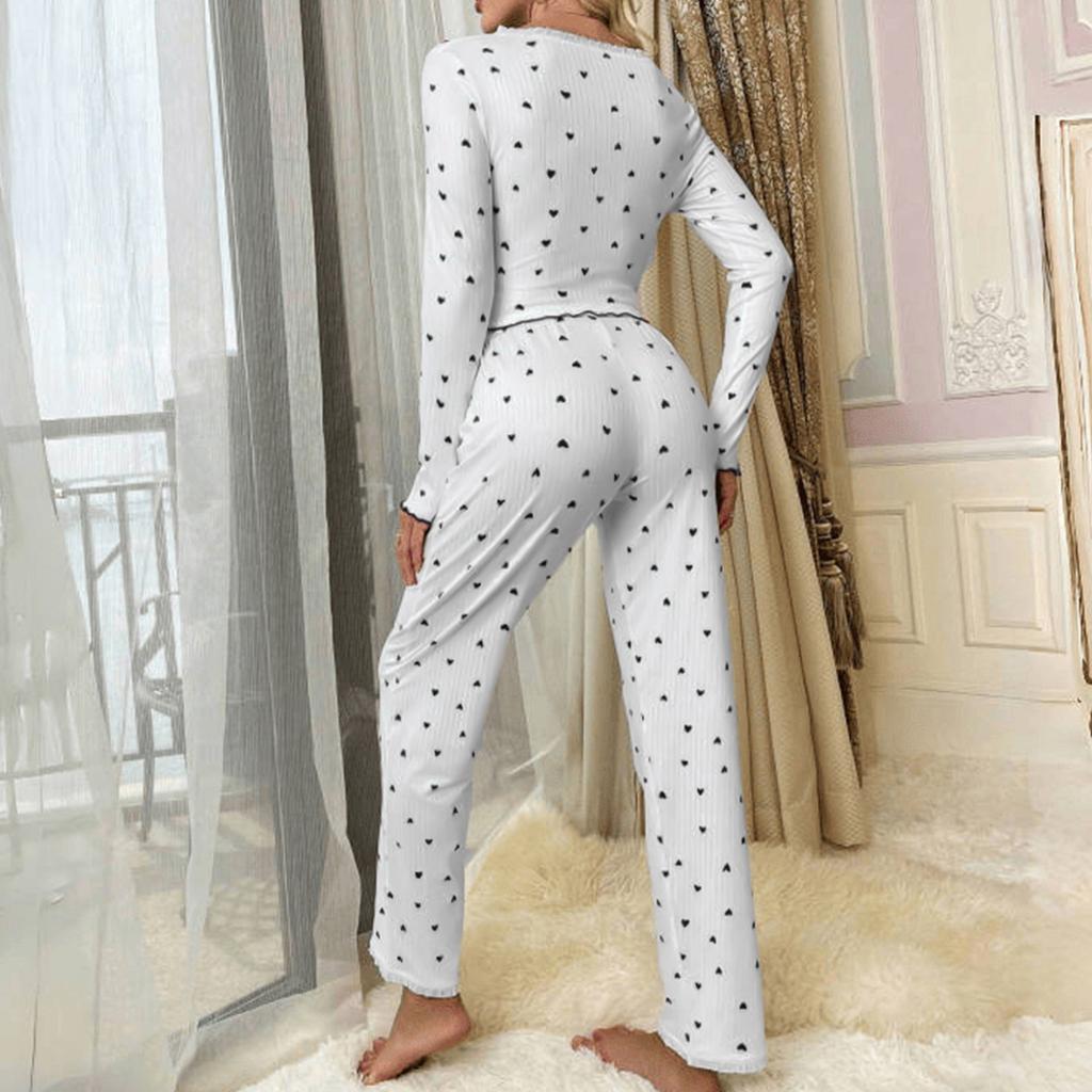 Women's Home Clothes Pajamas Long Sleeved Pants Loose And Comfortable Sexy Lace Love Print V-neck Two-piece Set