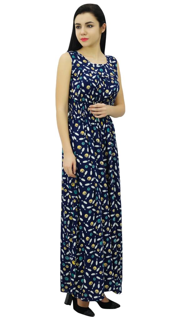 Bimba Women's Smocked Waist Maxi Dress Bowling Print Casual Summer Rayon