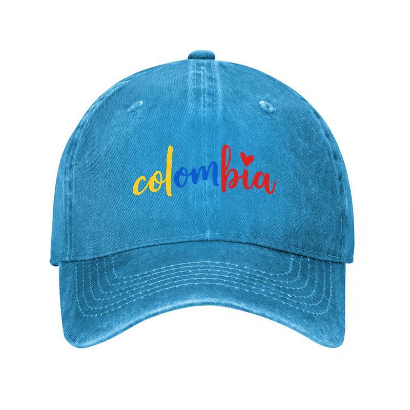 Berretto da baseball in denim lavato con ricamo della bandiera colombiana, logo colorato e dettaglio a cuore, per unisex e donne