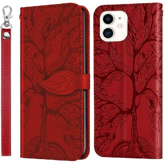 Compatible with iPhone 11 Wallet Case, iPhone 11 Case Leather with Card Holder Magnetic Kickstand Wrist Strap Flip Shockproof Case for iPhone 11 Life красный