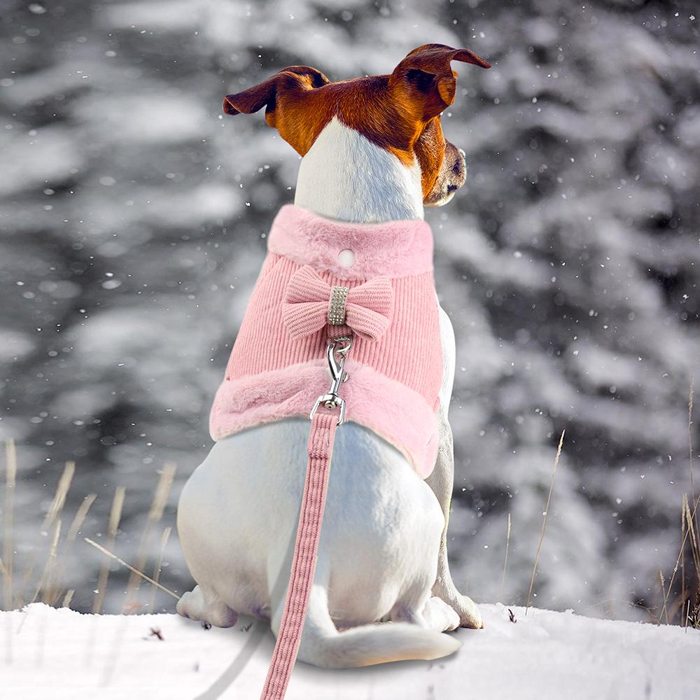 Ciepła Zimowa Obroża Szelki dla Psa Zestaw Smycz Uroczy Kokardka Szczeniak Mały Pies Kamizelka Szelki Miękki Kołnierz z Futra Kamizelka z Muszką dla Mopsa Yorka Różowy