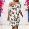 Women Plus Size One Shoulder Strappy Short Sleeve White Cartoon Wolf Printed Loose Dress