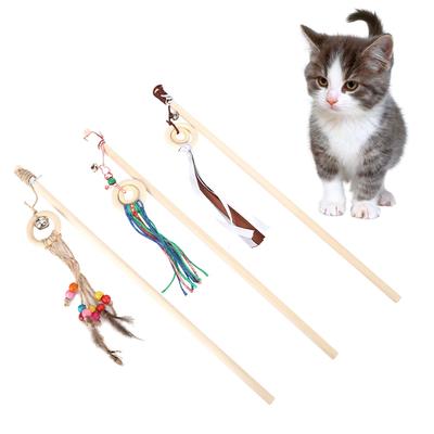 3pcs Cat Teaser Stick Wand Wooden Interactive Training Playing Toy with Small Bell