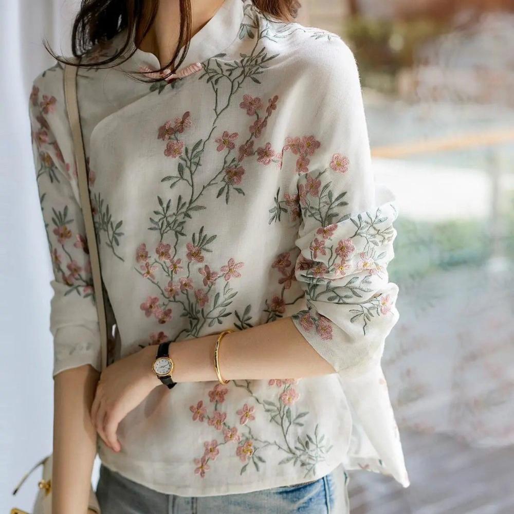 Damen-Bluse mit Mandarin-Kragen und langen Ärmeln, lockere Passform, Vintage-Blumenmuster, chinesischer Stil