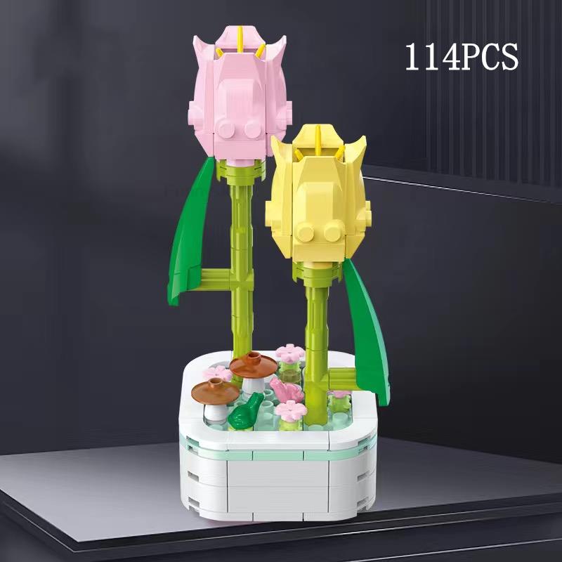 Kalıcı Buket Lale Çiçeği Yapı Taşı 3D Model Ev Dekorasyonu Bitki Saksıda Montaj Tuğlaları Sevgililer Günü Çocuk Hediyeleri