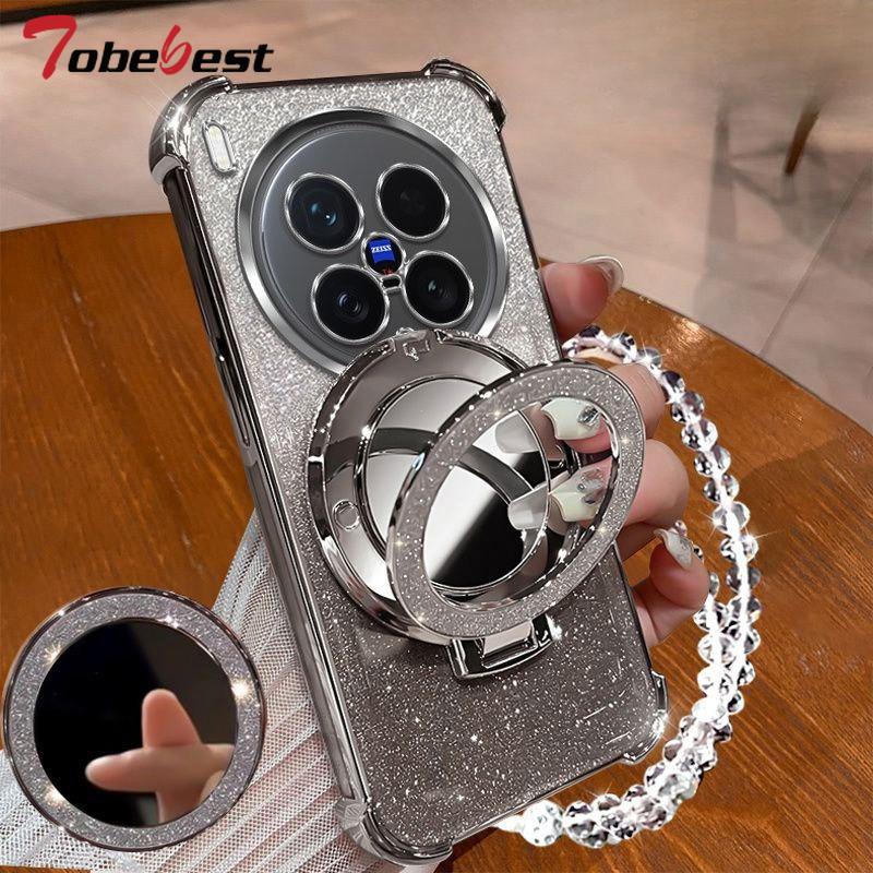 Shockproof Glitter Plating Case For Vivo X200 mini X200S X100 X100S Pro Ultra Crystal Bracelet Mirror Magnetic Holder Cover