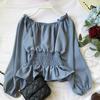 Off Schulter Elastische Taille Rüschen Saum Einfarbig Casual Bluse Frühling Herbst Laterne Lange Hülse Frauen Chiffon Hemd Tägliche Kleidung