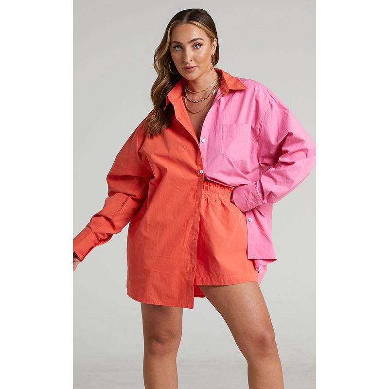 

Fashion Spring & Fall Winter Two-Piece Set Pure Color Patchwork Single-Breasted Long Sleeve Lapel Shirt Shorts Loose Leisure Suit Watermelon Red XL