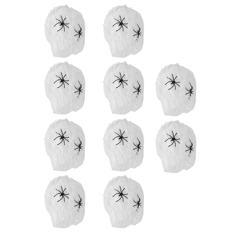 10Bags Spiders Webs Cobweb Halloween Decorations Bar Haunted House KTV Scene Props(White 2 Fake Spiders )