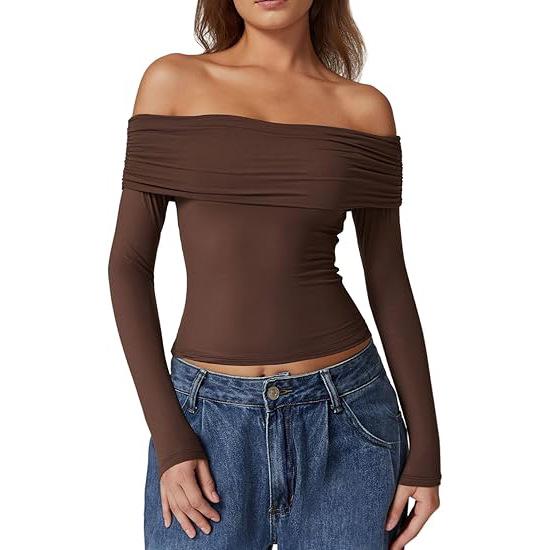 European and American Women's One-Shoulder Long-Sleeve Milk Silk T-Shirt - Elegant and Stylish Design