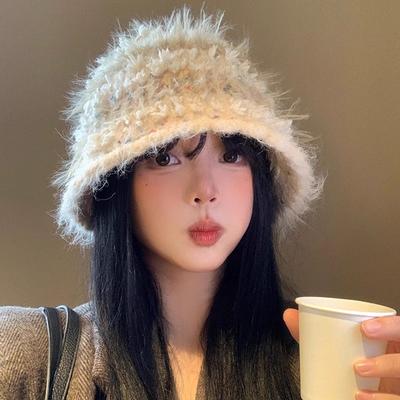 Sweet Long Brushed Mohair Knitted Hat Women's Autumn and Winter Warm Colored Beanie Striped Plush Fisherman Hat