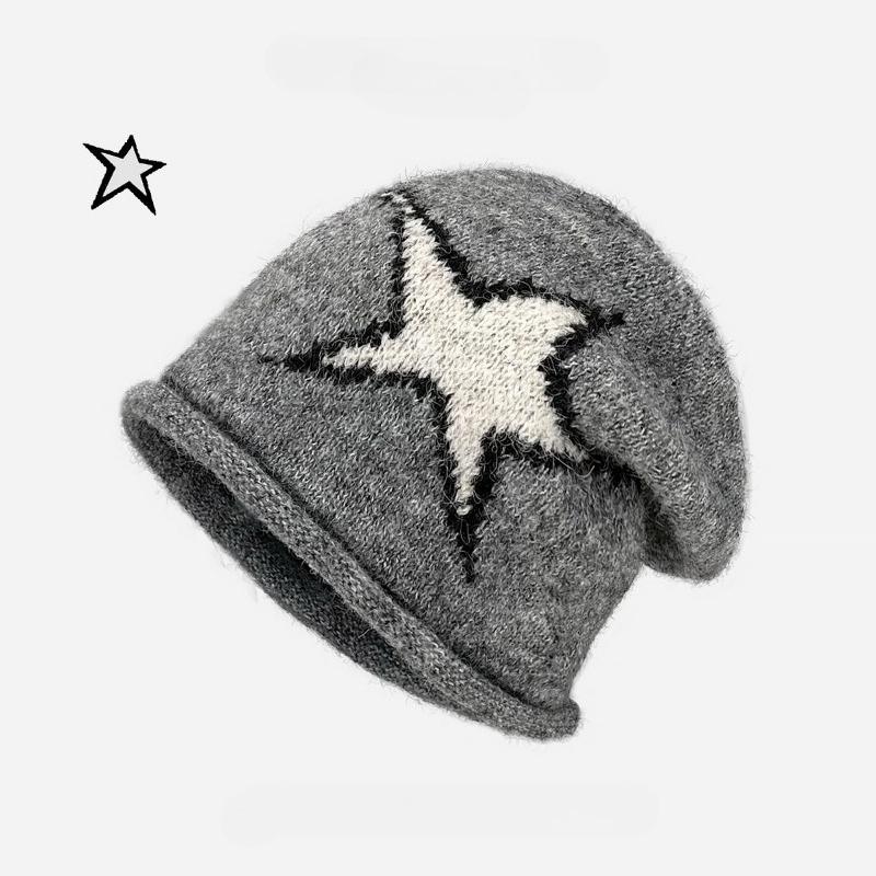 Korean Retro Pentagram Pulling Craft Beanies for Women Autumn Winter Fashion Warm Ear Protection Versatile Casual Pullover Hat
