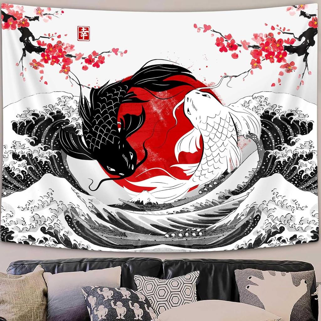 NYMB Japanese Anime Tapestry, Black and White Yin Yang Koi Fish Tapestry for Bedroom Aesthetic, Asian Wave Cherry Blossom Tapestries Poster Beach