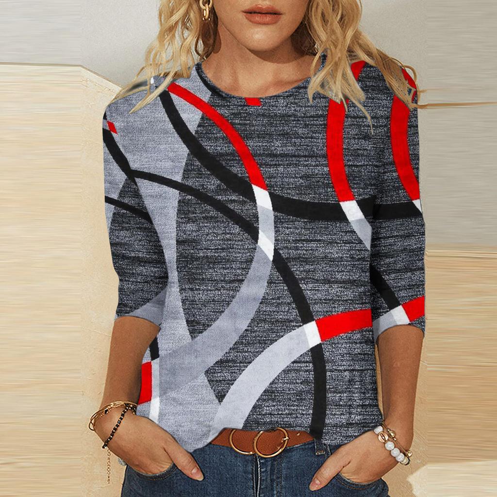 Umělecký geometrický vzor potištěný top Módní kontrastní barva Personalizovaný kulatý výstřih Dámská trička s dlouhým rukávem