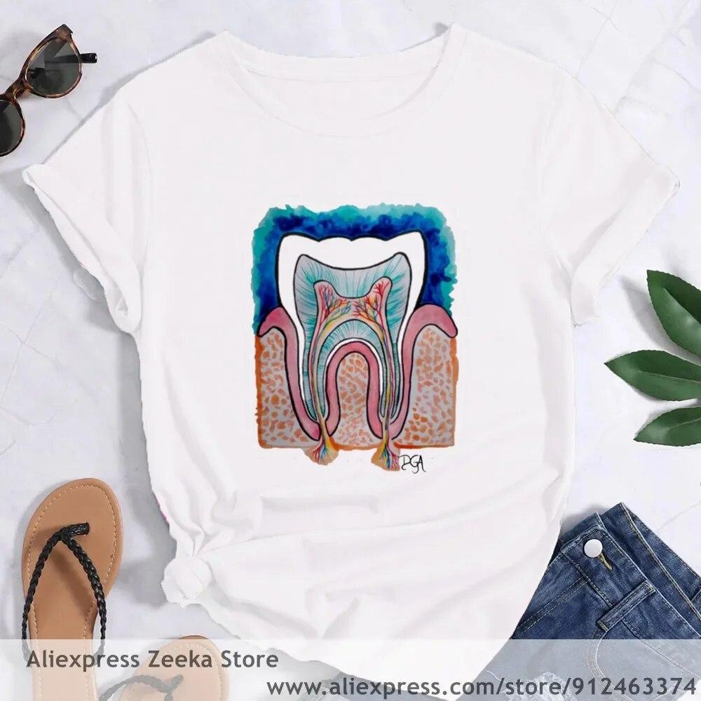 Zahn und Zahnarzt Grafik Ästhetik Frauen Lustige Print Damen T-shirt Mädchen Y2K Harajuku Basis O-kragen Weißes Hemd Kurze