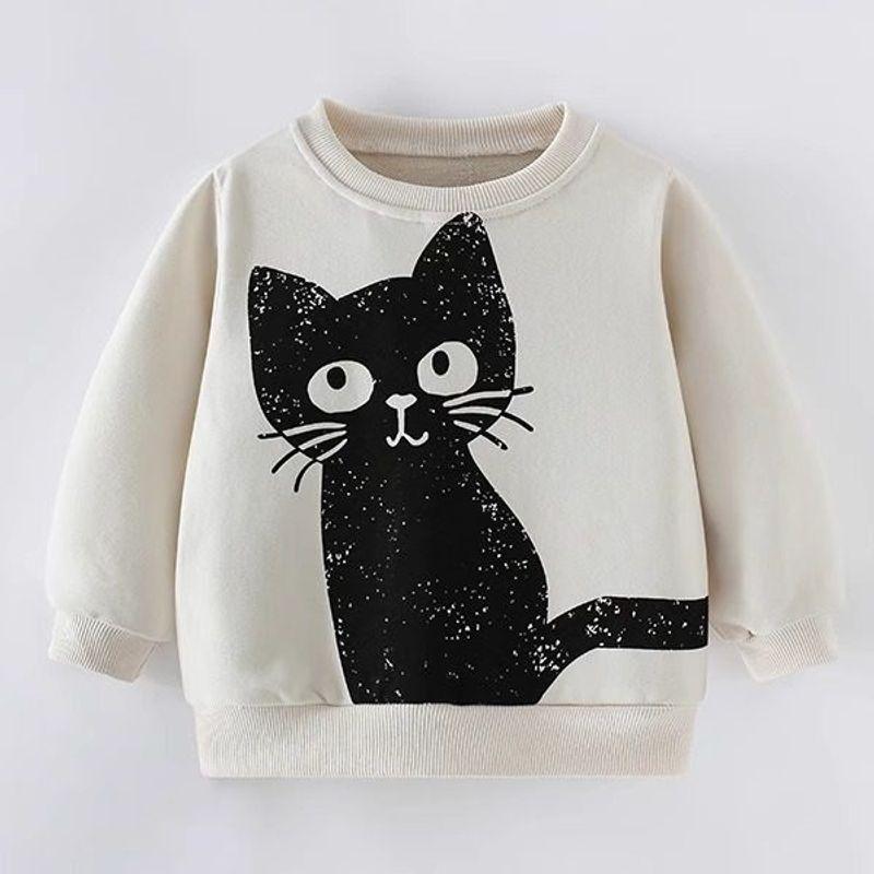 Girls' Off-White Cat Sweatshirt, Spring and Autumn 2025 New Style, Stylish Baby Girl Top, Autumn Clothing, Children's Pullover