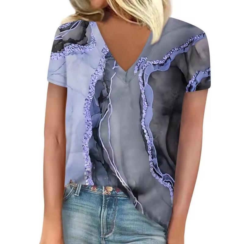 3D T-shirt Women's Summer Leisure Elegant V-neck Short Sleeves Gradient Texture Pattern Top Loose Casual Wear Ladies T-shirt