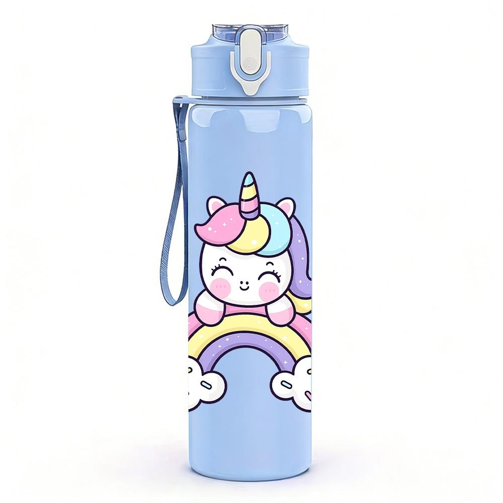 1PC Unicorn Cartoon Pattern 750ml Color Plastic Sports Water Bottle Leakproof Flip Straw Lid Suitable for Sports Office Home Use