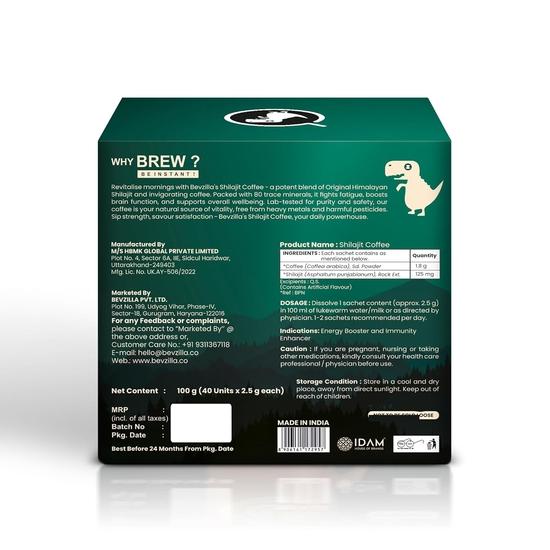 Bevzilla Himalayan Shilajit Coffee Powder Sachets | 100g (40 Sachets x 2.5g) | 70% Fulvic Acid |  Stamina Booster | 40 Cups | For Men & Women