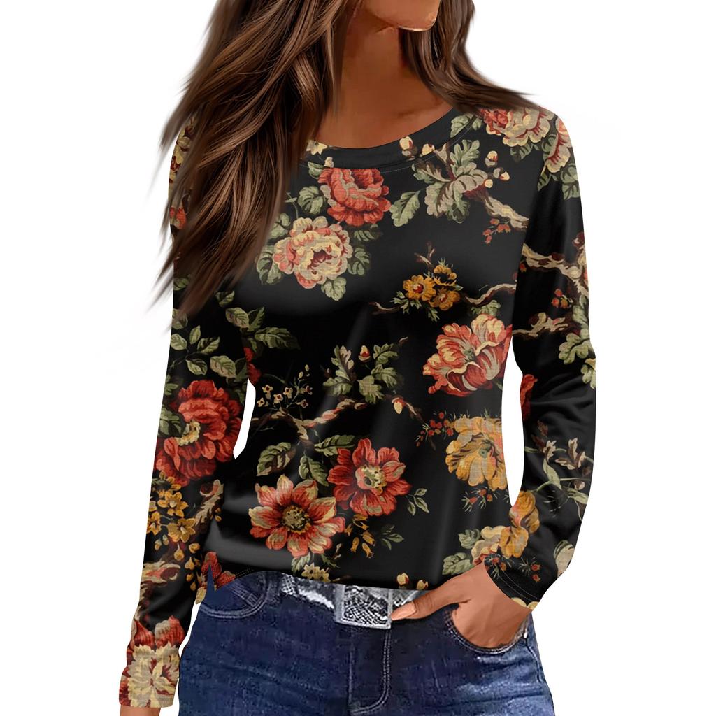 Damenmode Lässig Schlitz Saum Rundhals Langarm Lose Bedrucktes T-Shirt Damen Top