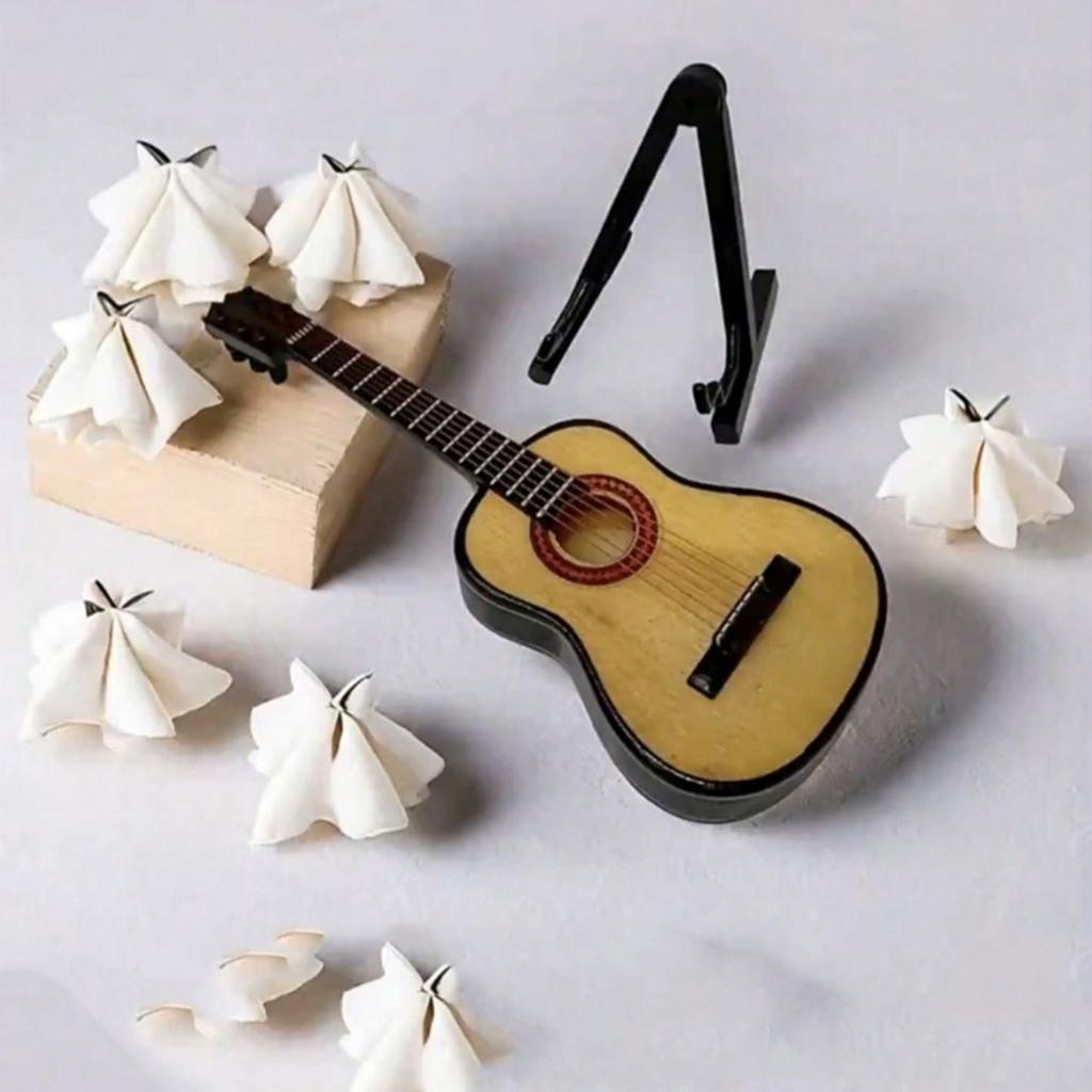 1pc Miniature Guitar Model, Wooden Guitar Home Decor, Electric Guitar Instrument Toy With Separate Stand, Dollhouse Decor