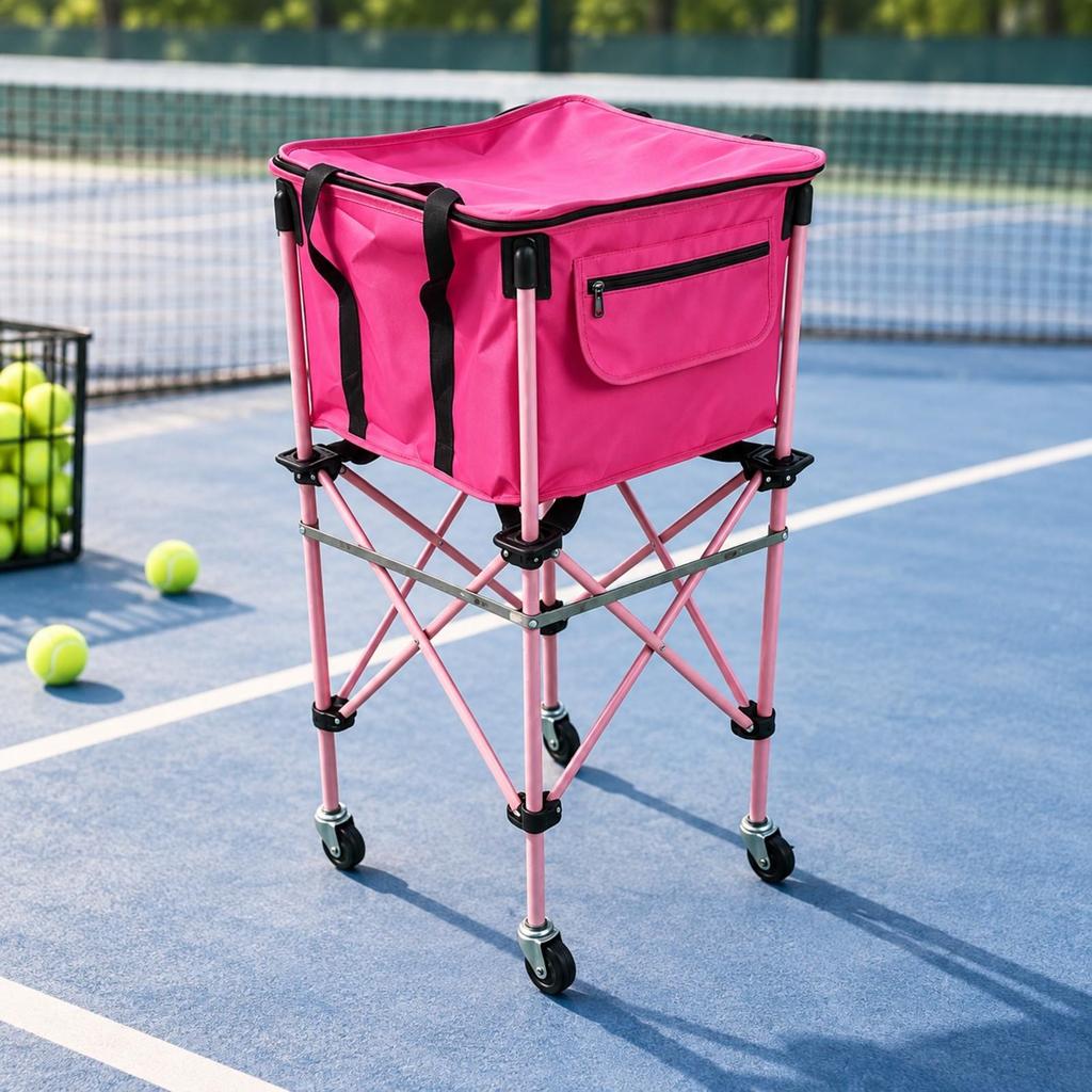 Tennis Ball Cart with Caster Wheels and Zippered Textile Compartment for Coaches