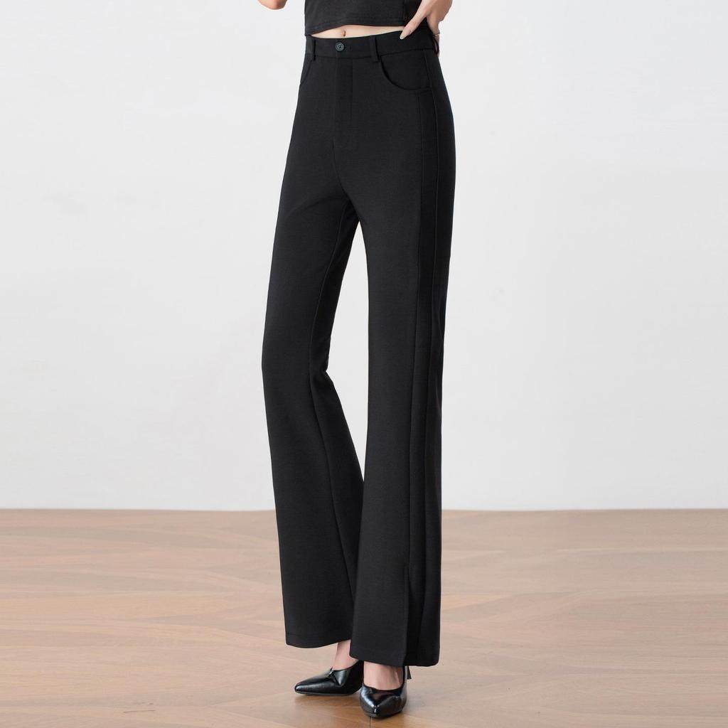 2025 Women's High-Waisted Black Micro-Flare Pants – Slimming, Casual Drape with Split Hem