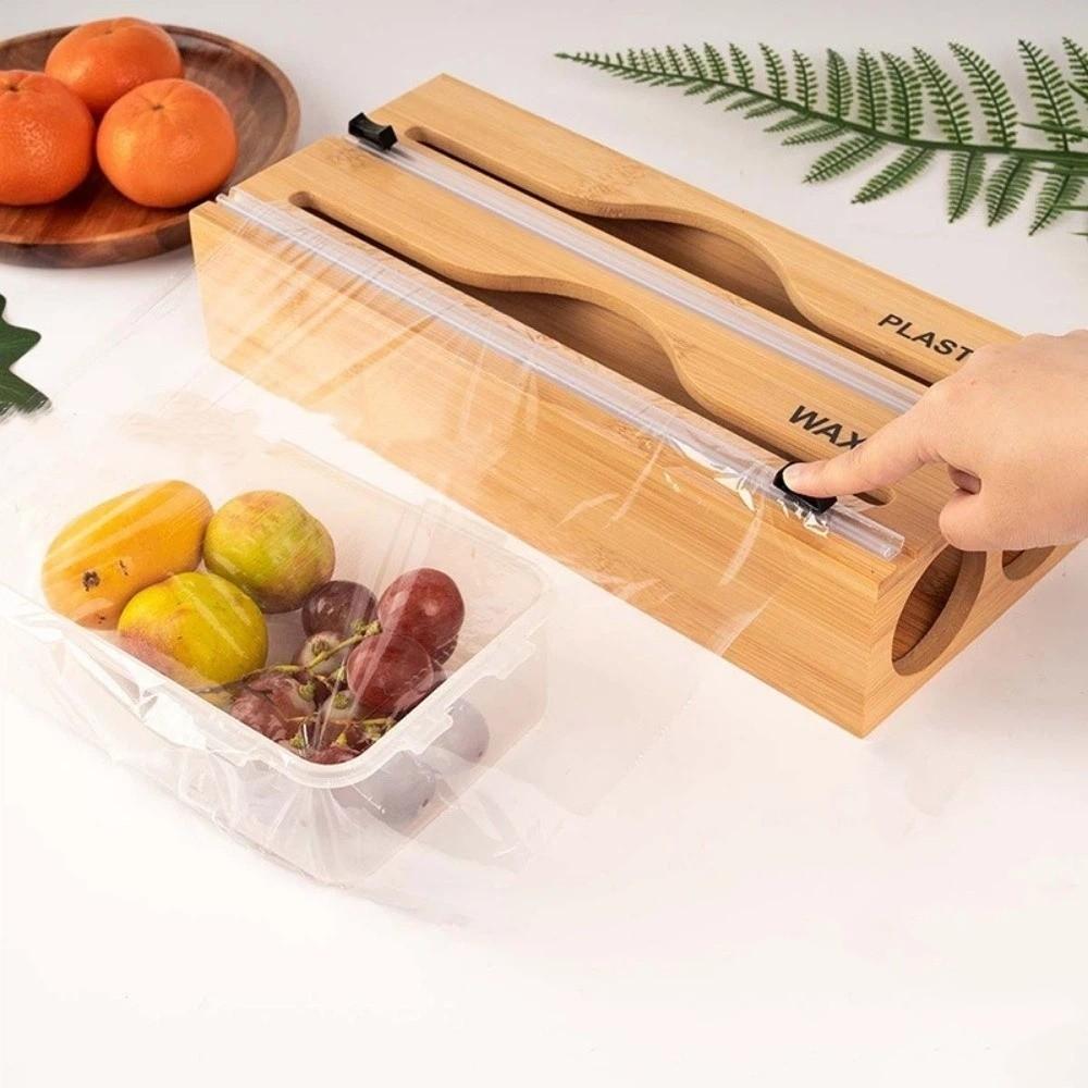 Bamboo Cling Film Cutter Box Wall Mounted Refillable Plastic Wrap Cutter Box 2 /3 Grids Minimalist Tin Foil Cutter Restaurants