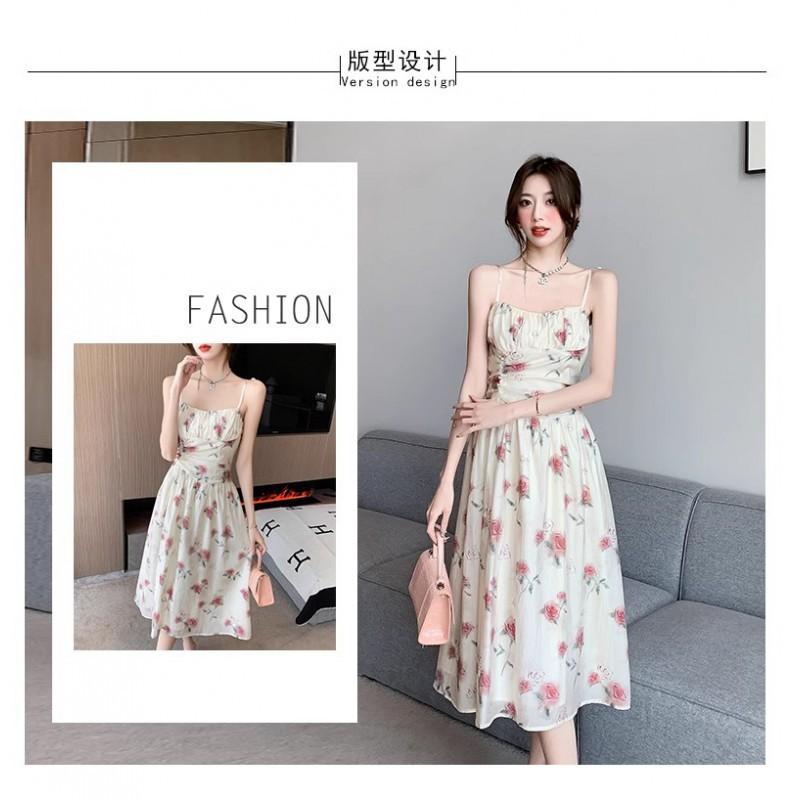 Romantic Coffee Break Dress Suspender Rose French Waist Floral Seaside Vacation Fairy Trendy