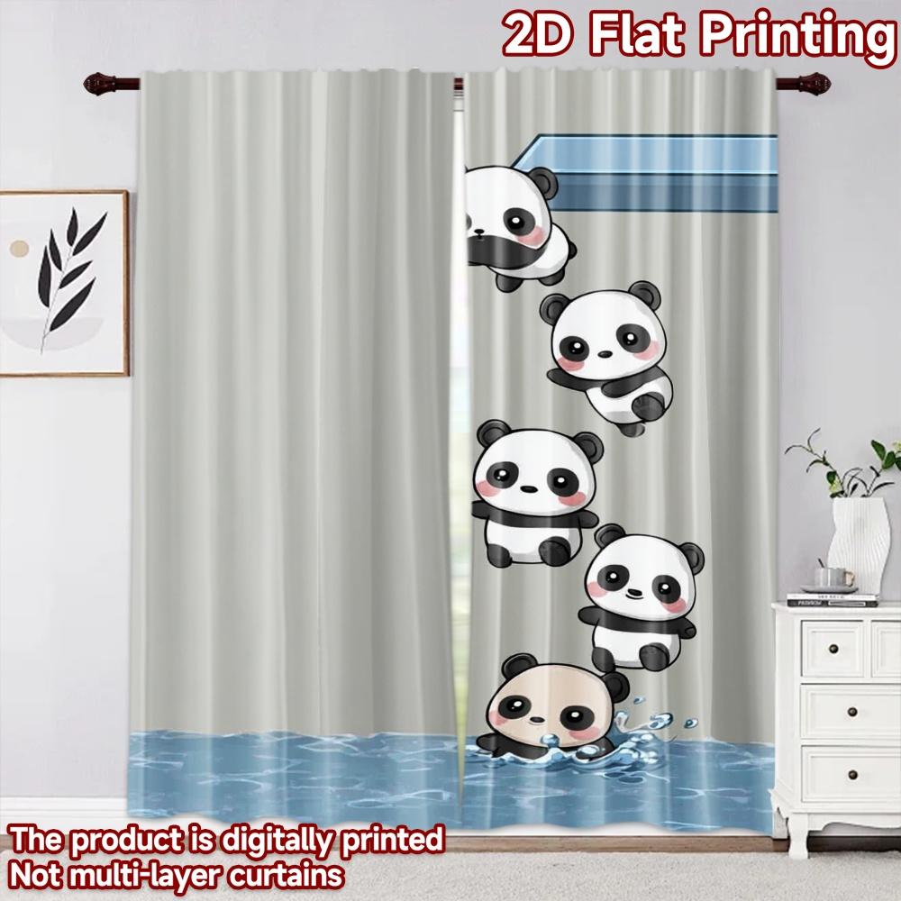 2D flat printing 2pcs Curtain Window Treatment Curtains Cute Pandas Diving Playfully Digital Printed Polyester Drapes Party