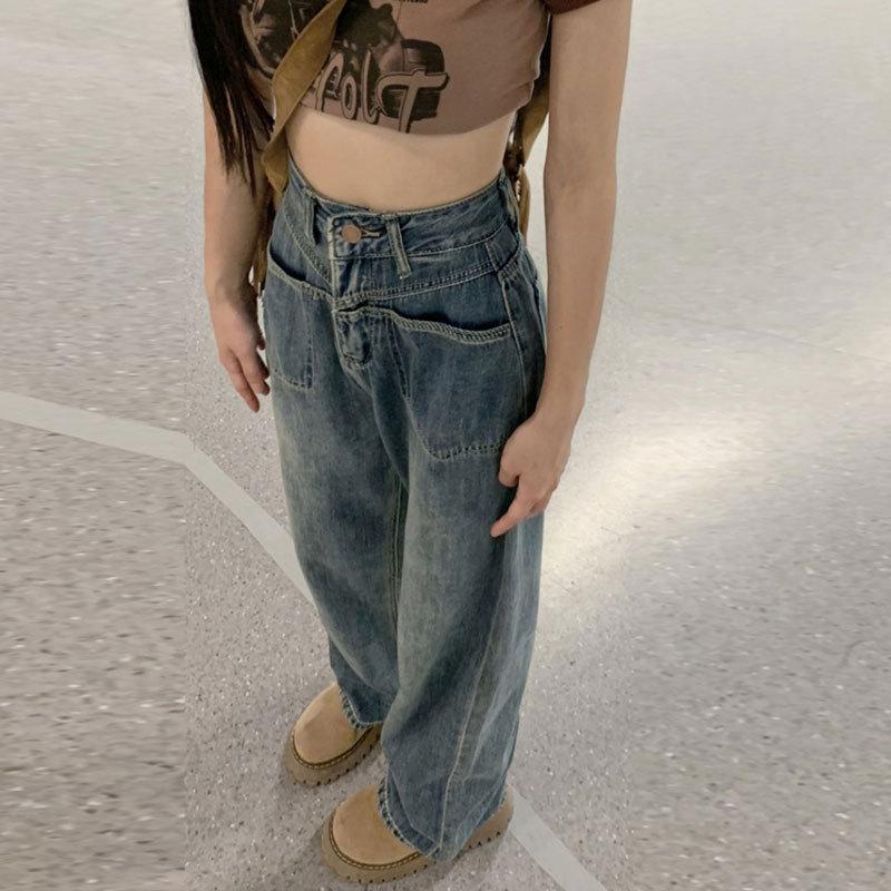 

Прямые винтажные широкие джинсы с завышенной талией и карманами 2XL синий