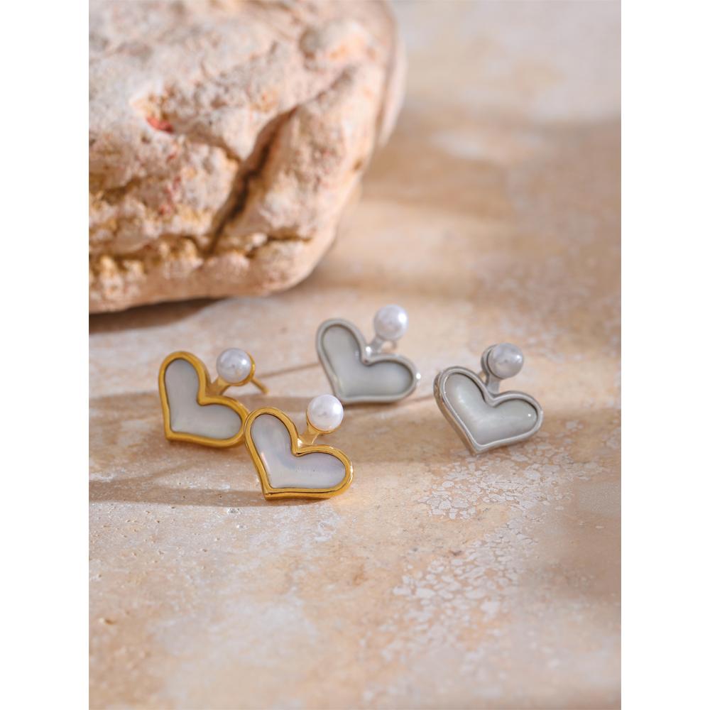 Yhpup Korean Delicate Natural Shell Simulated Pearl Heart Chic Stud Earrings Stainless Steel Office Ladies Waterproof Jewelry
