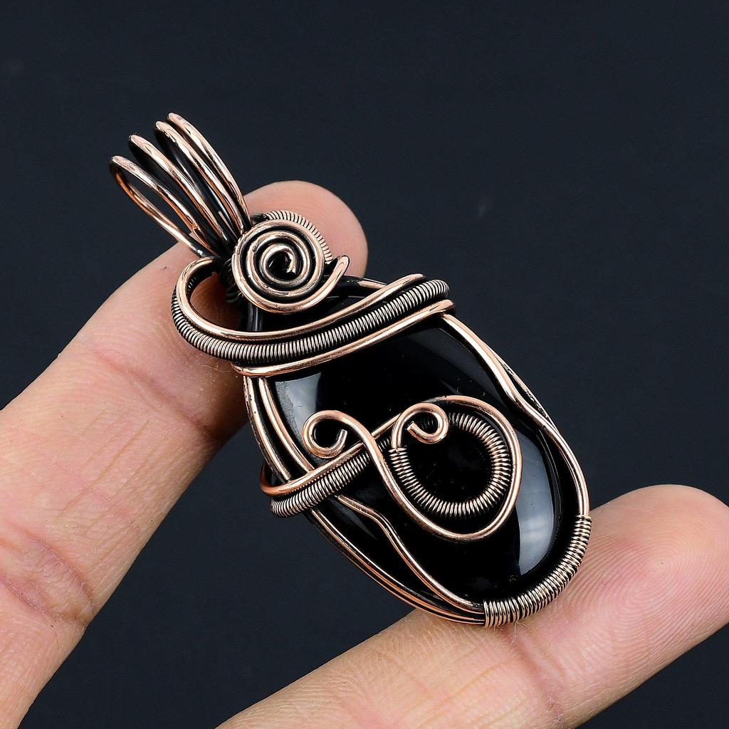 Svart onyx-smycken, 999 koppartråds-lindad hängsmycke, Handgjorda ädelstenssmycken, Gåvor till fru, Helt nytt hängsmycke